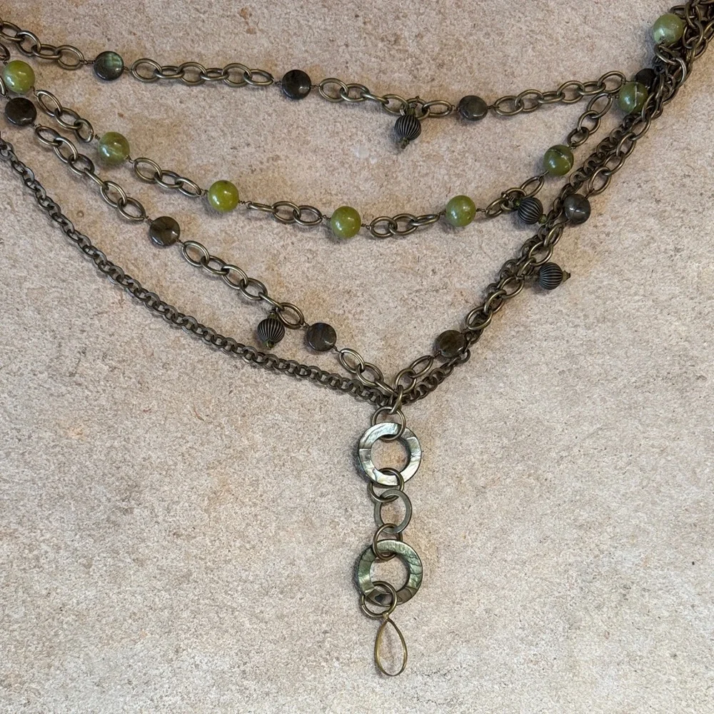 Long Layered Green Bead and Chain Necklace